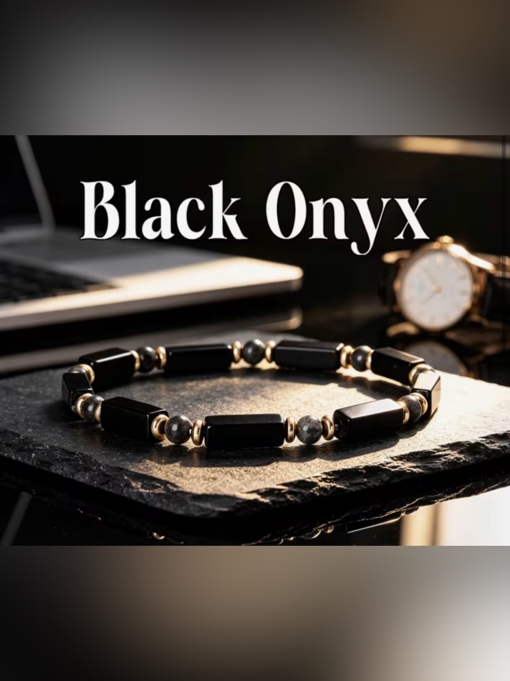 Black Onyx Beaded Bracelet with Gold Accents - Unisex - New